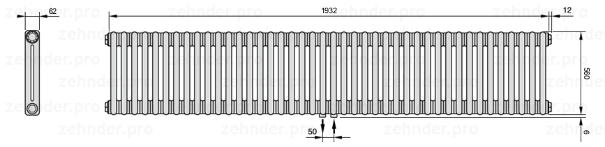 Схема (чертеж) Радиатор Zehnder Charleston 2056/42 №5410 Белый глянцевый RAL 9016